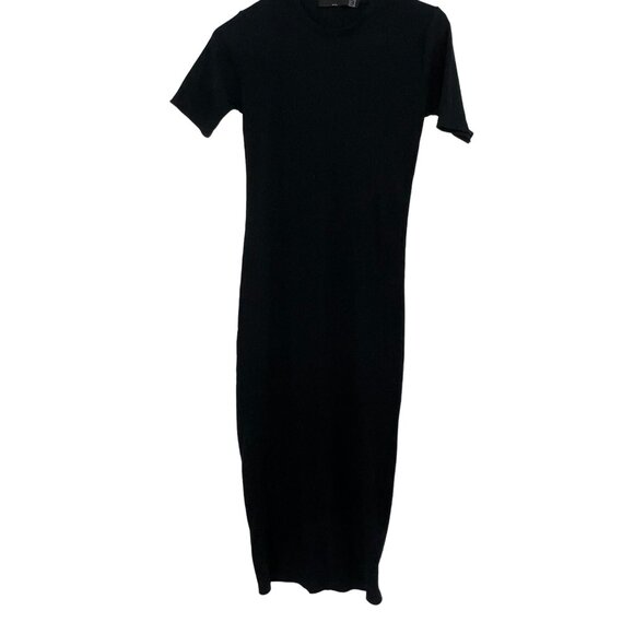 TRF by Zara Ribbed Black Midi Dress Crew Neck Short Sleeve Size S Sleek Chic - Picture 2 of 5